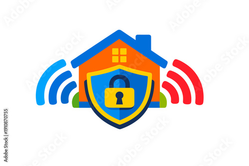 A colorful illustration of a house with a blue shield and a yellow padlock in the center, featuring blue and red signal waves on the sides against a solid black background.