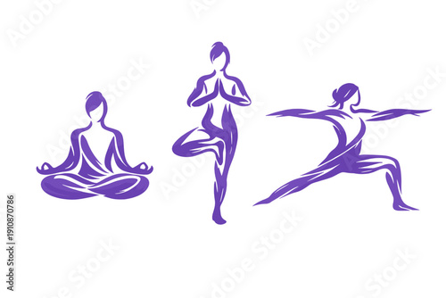 Three purple stylized silhouettes of figures performing yoga poses including lotus, tree, and warrior positions are displayed against a solid black background in an artistic style.