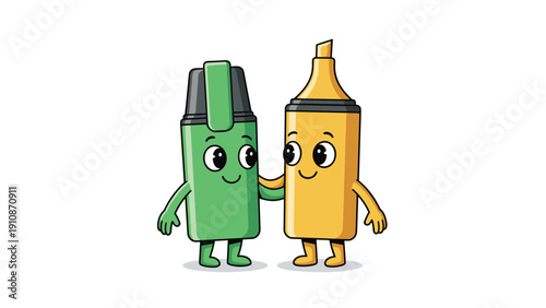 Cute cartoon mascots of a green and a yellow highlighter pen standing together as friends with happy smiling faces.