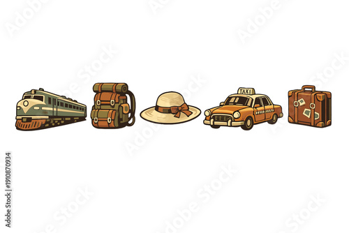 A collection of vintage travel icons including a train, a hiking backpack, a sun hat, a yellow taxi, and a suitcase with stickers, all set against a solid black background.