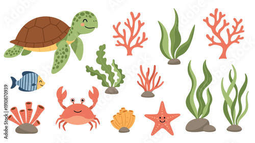 Cute collection of cartoon sea animals and plants, including a turtle, crab, fish, and various corals and seaweeds.