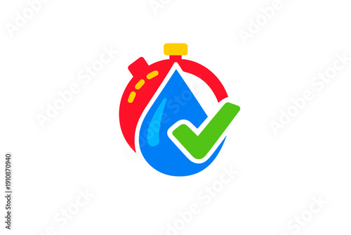 This illustration shows a red timer combined with a blue water droplet and a green checkmark, symbolizing efficient water usage and successful conservation efforts.