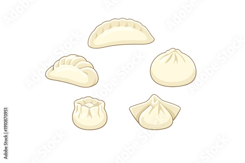 Five various types of Asian dumplings including gyoza, baozi, and shumai are shown in a stylized vector illustration, set against a plain black background for contrast.