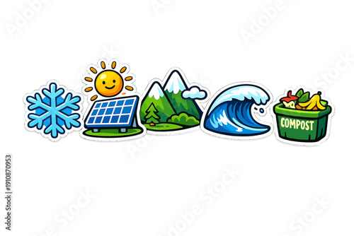 A collection of five colorful cartoon stickers representing environmental themes including a snowflake, solar energy, mountains, an ocean wave, and a compost bin on a black background.