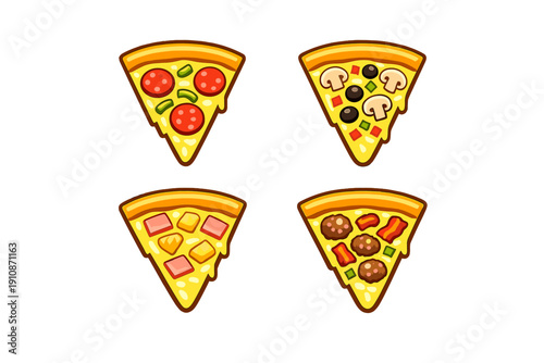A collection of four illustrated pizza slices with various toppings including pepperoni, mushrooms, ham, pineapple, and meatballs, set against a solid black background in a flat style.