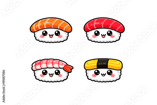 A collection of four adorable kawaii sushi characters featuring salmon, tuna, shrimp, and tamago nigiri. Each piece has a happy face and is set against a solid black background.