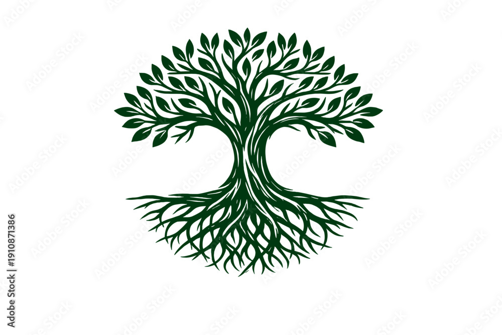 Fototapeta premium A dark green stylized illustration of a tree of life with symmetrical branches and roots against a solid black background. The design features intricate leaves and a dense root system.