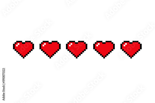 Five red pixel art hearts are arranged in a horizontal row against a solid black background. This retro gaming style graphic represents a health bar or life points in a video game.