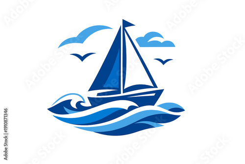 A graphic blue illustration featuring a sailboat on rolling ocean waves with clouds and seagulls in the sky, presented in a clean and modern artistic style.