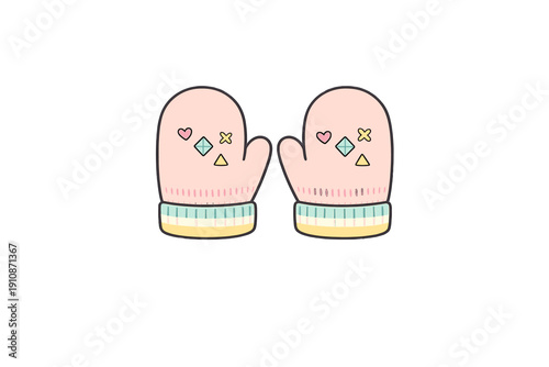 This illustration features a pair of pink winter mittens decorated with small icons. The mittens have striped cuffs in pastel colors and are isolated on a black background.