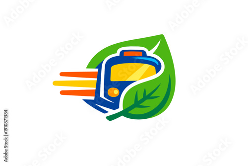 A stylized logo featuring a blue and yellow high-speed train moving through a large green leaf, symbolizing eco-friendly transportation and sustainable travel on a black background.