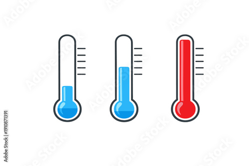 A set of three stylized thermometers displayed against a dark background. They show varying levels of temperature with blue and red liquid indicators representing cold to hot states.