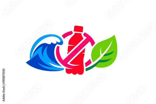 A graphic illustration featuring a blue ocean wave, a red plastic bottle with a pink prohibition symbol, and a green leaf, representing environmental protection and anti-pollution.