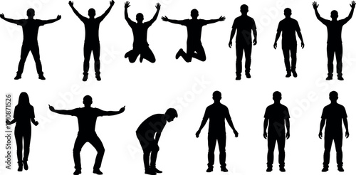 Large set of black silhouettes of active people jumping standing and raising arms expressing happiness success isolated on white background.