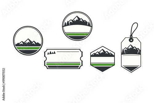 A collection of five blank labels and tags featuring a minimalist mountain landscape design with pine trees and a green stripe, set against a solid black background.