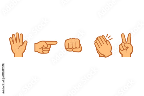 A series of five tan hand gesture icons with brown outlines is arranged horizontally on a black background, featuring a palm, a pointing finger, a fist, clapping, and a peace sign.