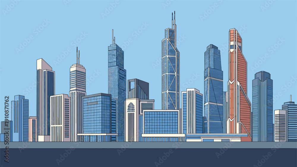 Fototapeta premium Colorful comic book style illustration of a modern city skyline featuring detailed skyscrapers and buildings against a clear blue sky.