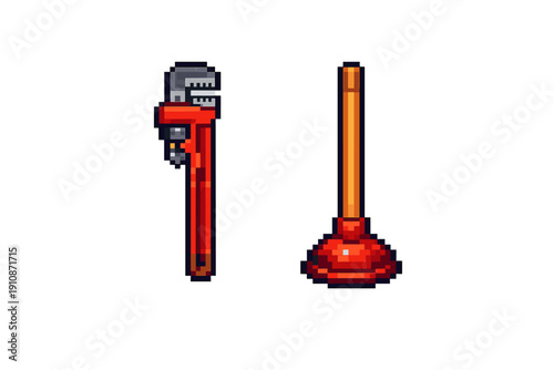 A pixel art illustration of a red pipe wrench and a red plunger with a wooden handle, isolated on a solid black background. These plumbing tools are depicted in a retro video game style.