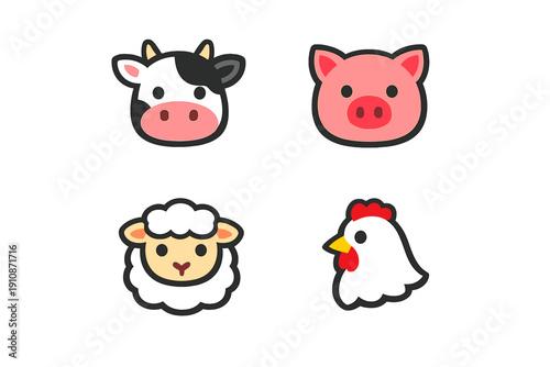A collection of four cute cartoon farm animal heads including a cow, pig, sheep, and chicken, presented in a minimalist flat design style against a solid black background.