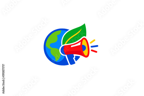 A colorful illustration featuring a blue globe with green continents, a green leaf, and a red megaphone emitting sound waves, symbolizing environmental activism and global awareness.