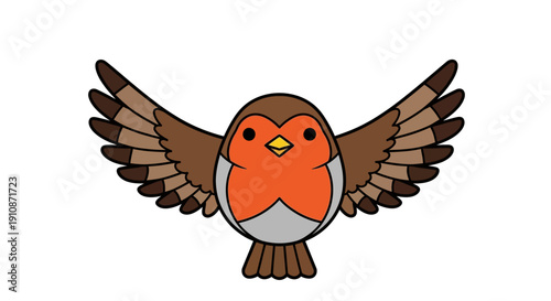 Cute Cartoon Robin Bird with Wings Spread Wide Isolated on White Background