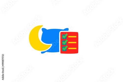 A yellow crescent moon, a blue pillow, and a red checklist with green checkmarks are displayed as stylized icons against a solid black background, representing a sleep routine.