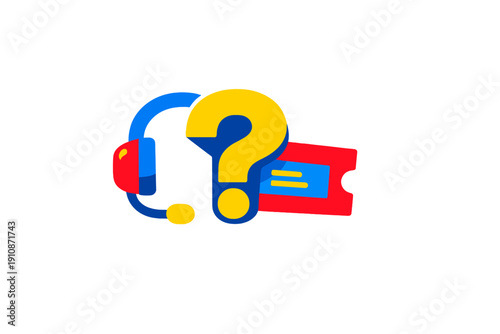 A flat vector illustration featuring a blue headset, a large yellow question mark, and a red ticket against a black background, representing customer support and help desk services.