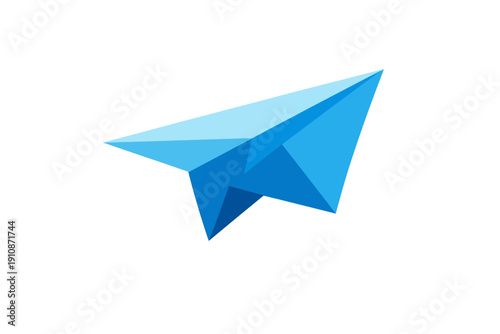 A blue geometric paper airplane illustration with a faceted design is centered on a solid black background. The stylized aircraft features various shades of blue and sharp angles.