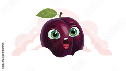 Cute and surprised cartoon plum character with big green eyes and an open mouth, peeking out from behind pink clouds.
