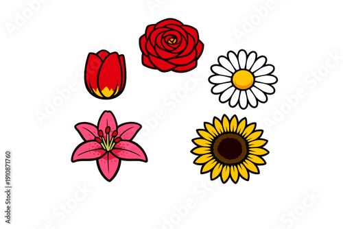 Five different stylized flower icons including a rose, tulip, daisy, lily, and sunflower are arranged on a solid black background in a simple vector illustration style.