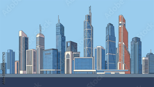 Colorful comic book style illustration of a modern city skyline featuring detailed skyscrapers and buildings against a clear blue sky.