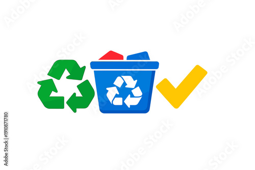 This illustration features a green recycling logo, a blue waste container with a white symbol, and a yellow checkmark on a black background, symbolizing proper waste management.