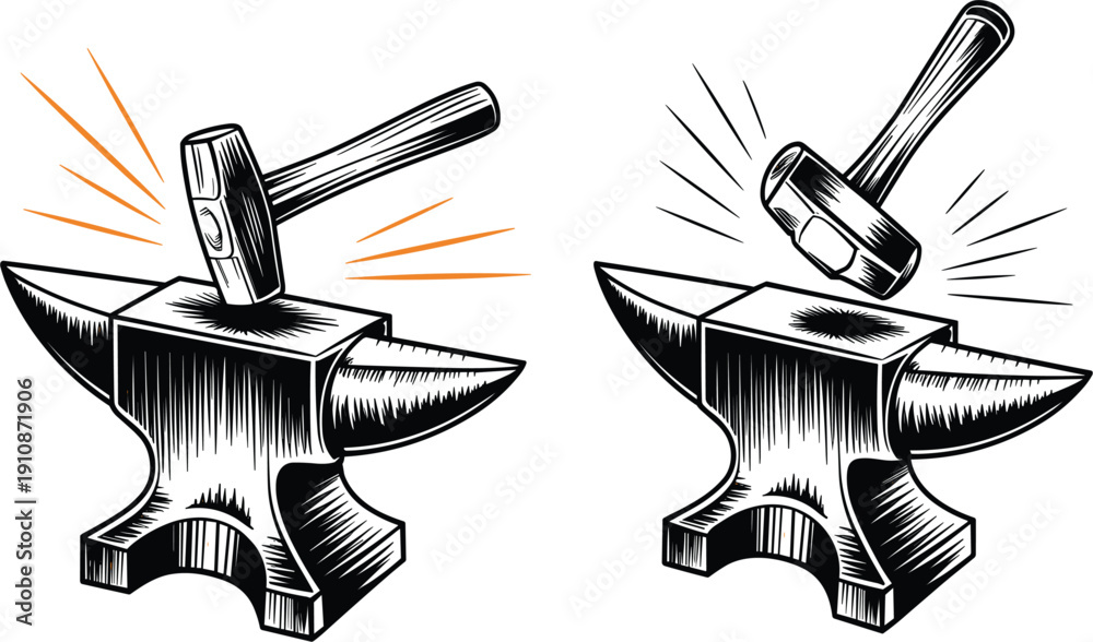 Samolepka Vintage blacksmith anvil and hammer vector illustration, metal work craft and fo
