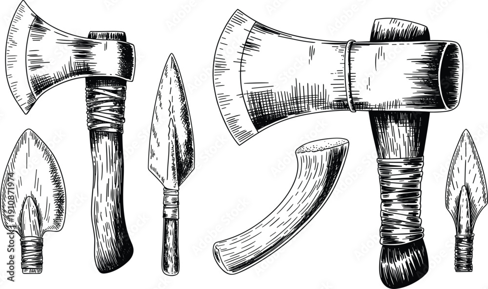 Εκτύπωση καμβά Primitive stone age tools, weapons vector set with hand drawn ancient axes and s
