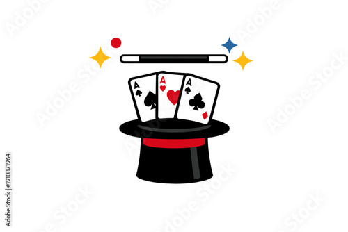 A flat vector illustration of a magician's black top hat with three ace playing cards emerging from it, accompanied by a magic wand and colorful sparkles on a black background.