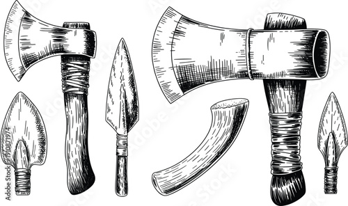 Primitive stone age tools, weapons vector set with hand drawn ancient axes and sharp spearheads