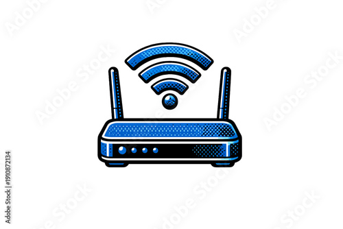 A stylized blue wireless router with two antennas and a Wi-Fi signal icon above it, featuring a halftone dot pattern and comic book style on a solid black background.
