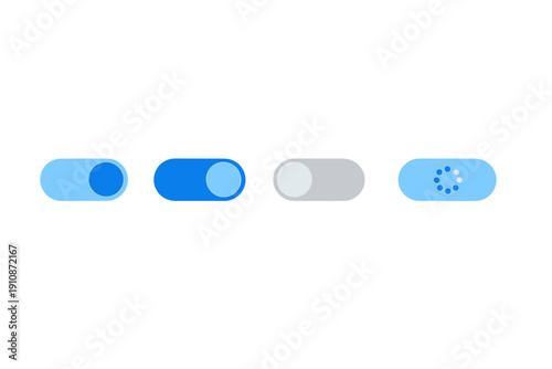 Four minimalist user interface toggle switches showing different functional states like active, inactive, and processing, rendered in shades of blue and gray on a dark background.