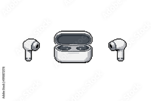 A pixel art representation of white wireless headphones and their open charging case centered on a black background. The design uses a retro gaming style with simple shading and shapes.