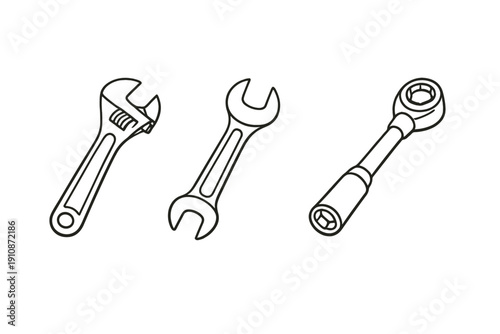 A set of three mechanical tool icons including an adjustable wrench, a double-ended open wrench, and a ratchet socket wrench, depicted in gold outlines on a black background.