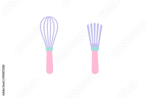 A flat illustration of two kitchen whisks with pink handles and purple wires on a black background. One whisk is a balloon style and the other is a flat sauce whisk.