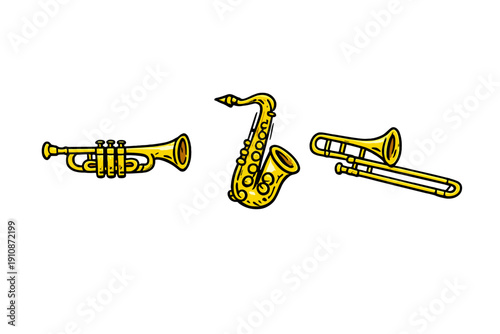 A golden illustration of three musical instruments including a trumpet, a saxophone, and a trombone, all arranged horizontally against a solid black background.