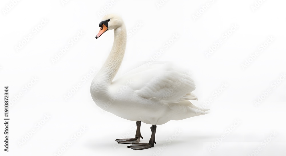 Fototapeta premium Majestic white swan standing elegantly on white background with perfectly groomed feathers