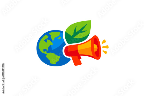 This graphic design shows a stylized earth globe with a green leaf and a bright megaphone, representing global environmental awareness and ecological communication on a black backdrop.