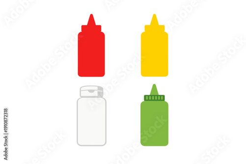 Four minimalist flat design condiment squeeze bottles representing ketchup, mustard, mayonnaise, and relish, shown in red, yellow, white, and green on a black background.