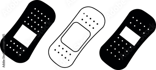 Minimal bandage plaster icon set in solid black and outline styles representing first aid wound care and medical protection