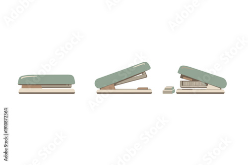 This graphic features three stages of a green stapler: closed, open, and being refilled with a row of staples. The minimalist design uses a muted color palette on a black backdrop.