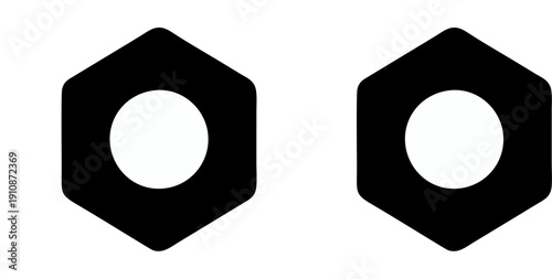 Minimal abstract vector illustration with two black hexagonal icons featuring central circular holes, resembling mechanical nuts, symbolizing engineering, hardware, and industrial design concepts.