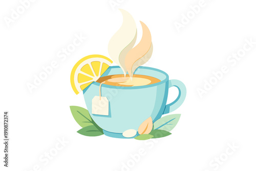 A stylized illustration of a light blue teacup filled with hot tea, featuring a lemon slice on the rim, a tea bag, rising steam, and green leaves at the base on a black background.