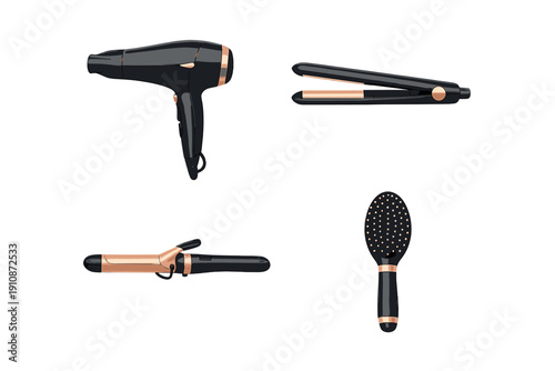 A collection of professional hair styling tools including a hair dryer, flat iron, curling iron, and brush, featuring a sleek black and rose gold design on a dark background.